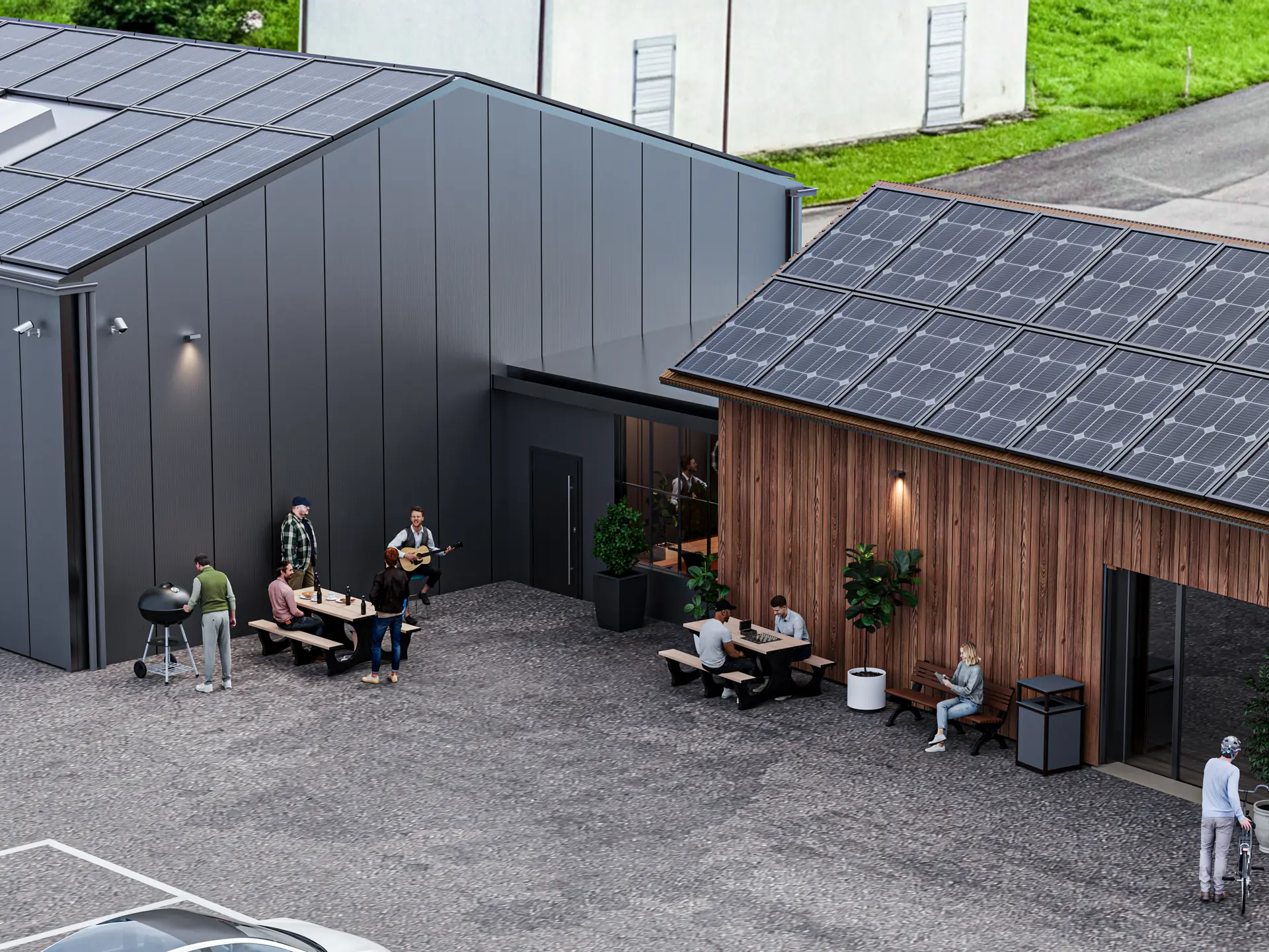 Zugang zum Gemeinschaftsraum mit Sitzplatz und Grill davor
