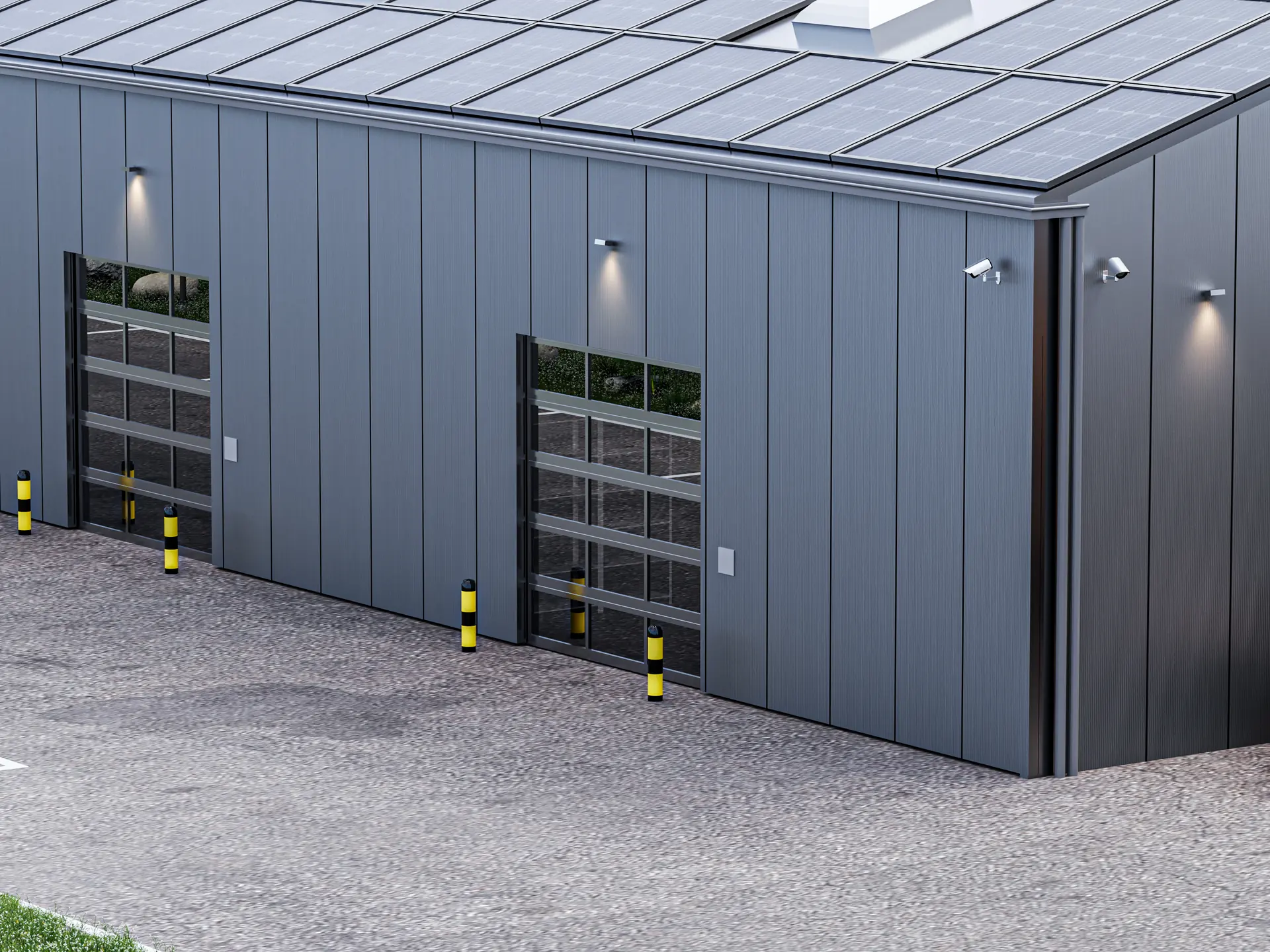 Fassade bei Gewerbehalle 1 mit Sektionaltor, transluzenten Füllungen und Prallschutzpfosten
