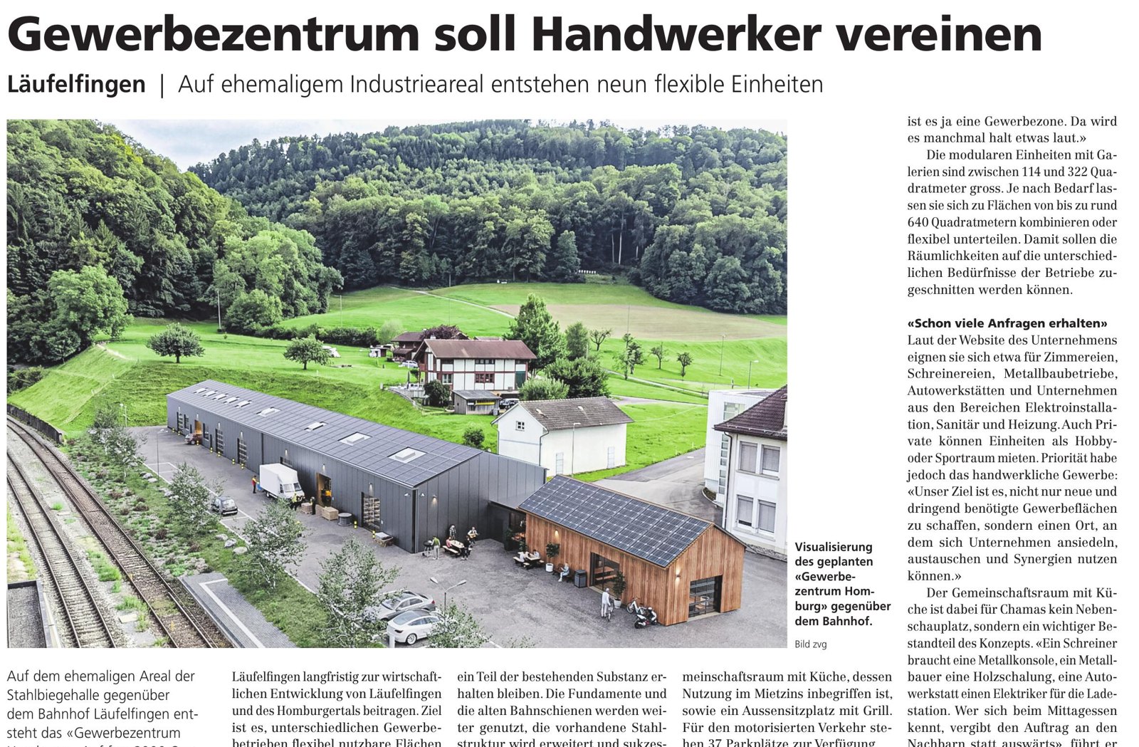 Ausschnitt der Zeitungsseite mit Titel «Gewerbezentrum soll Handwerker vereinen», Visualisierung des Areals und Beginn des Berichts
